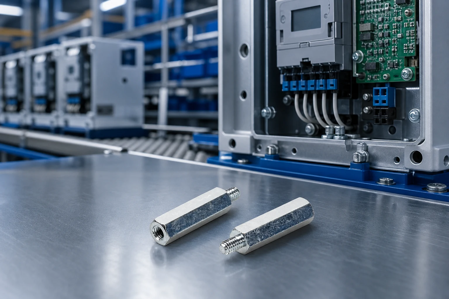 micro machine screws electronics — TNHO official product with illustrative industrial background (not a real site photo)